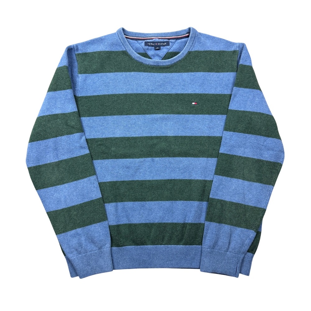 Tommy Hilfiger Mens Large Crewneck Sweater Blue Green Striped Preppy Ivy
